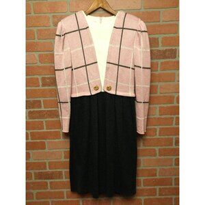 Leslie Fay Vintage Pink Plaid and Black Long Sleeve Dress